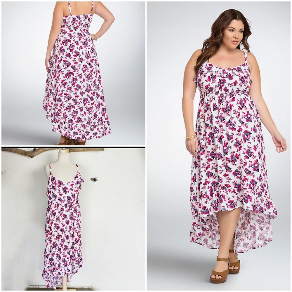 Floral Challis High-Low Sundress in White, Purple and Pink with Adjustable Tie